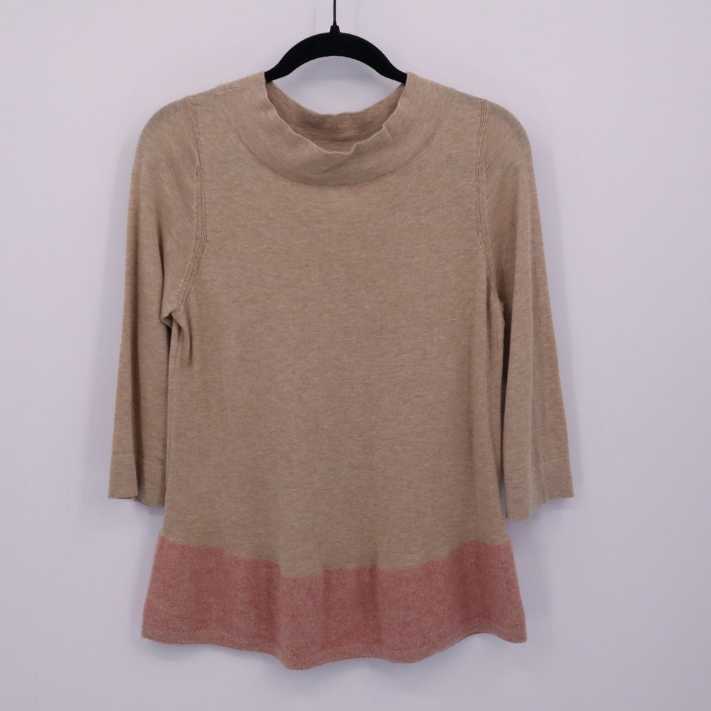 Angel‎ of the North Cashmere Cotton Sweater Womens S Beige Colorblock  Mock Neck